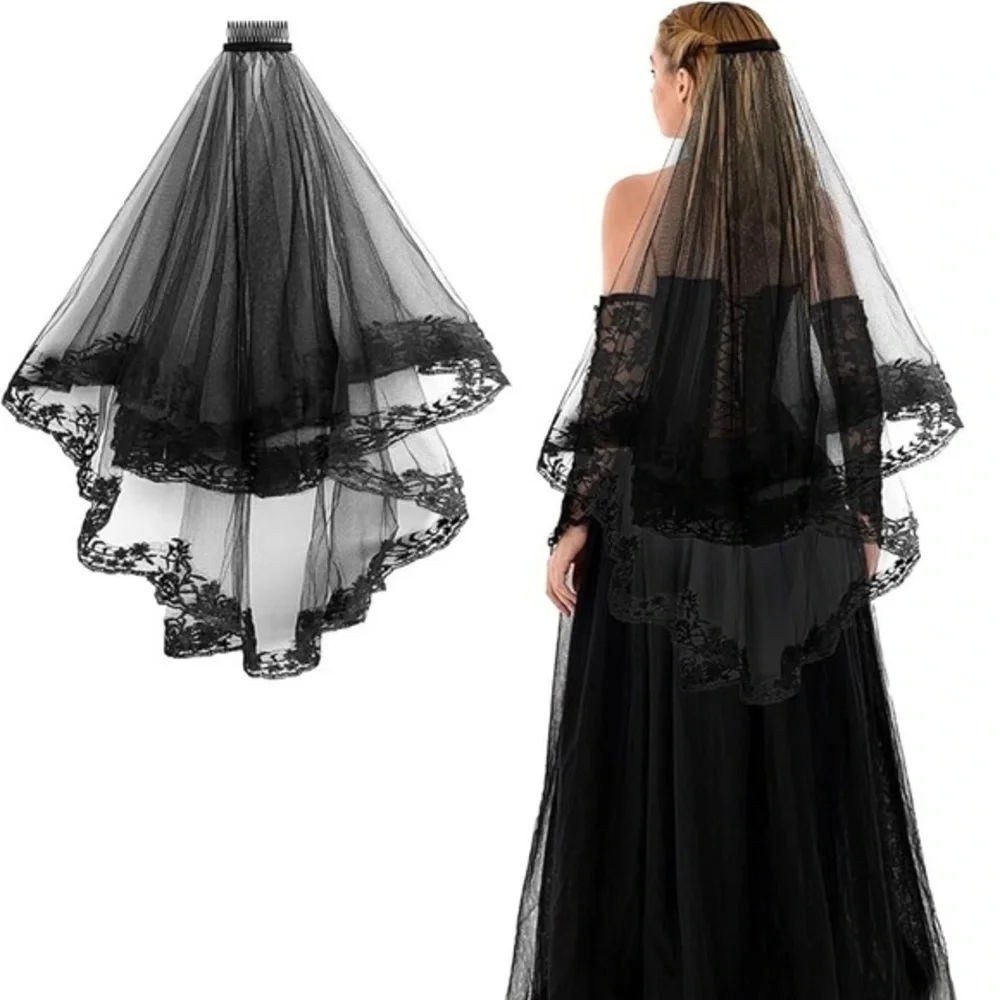 NWT Elegant Bridal Lace Wedding Halloween Black Veil